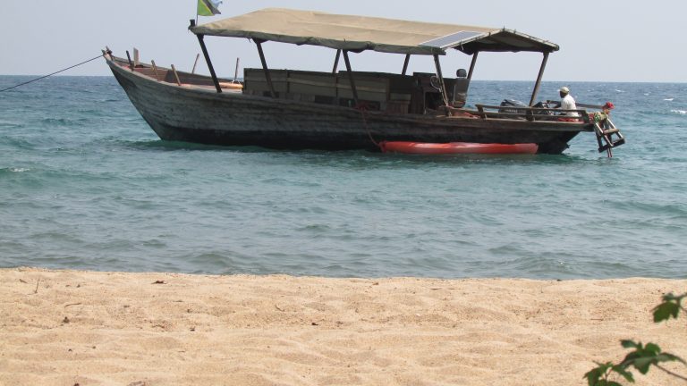 Canopied wooden boat moored off sandy beach, Mahale Mountains National Park, Tanzania