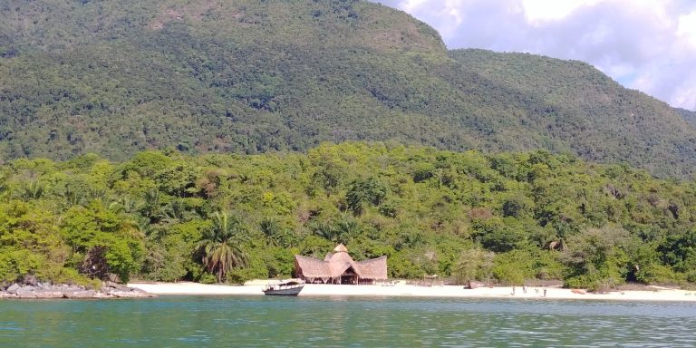 Forested mountain above beach camp with guests on white sand, Mahale Mountains National Park, Tanzania