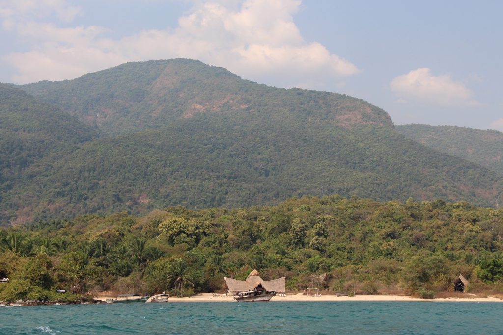 Forested mountain rising above tiny beach camp from the lake, Mahale Mountains National Park, Tanzania
